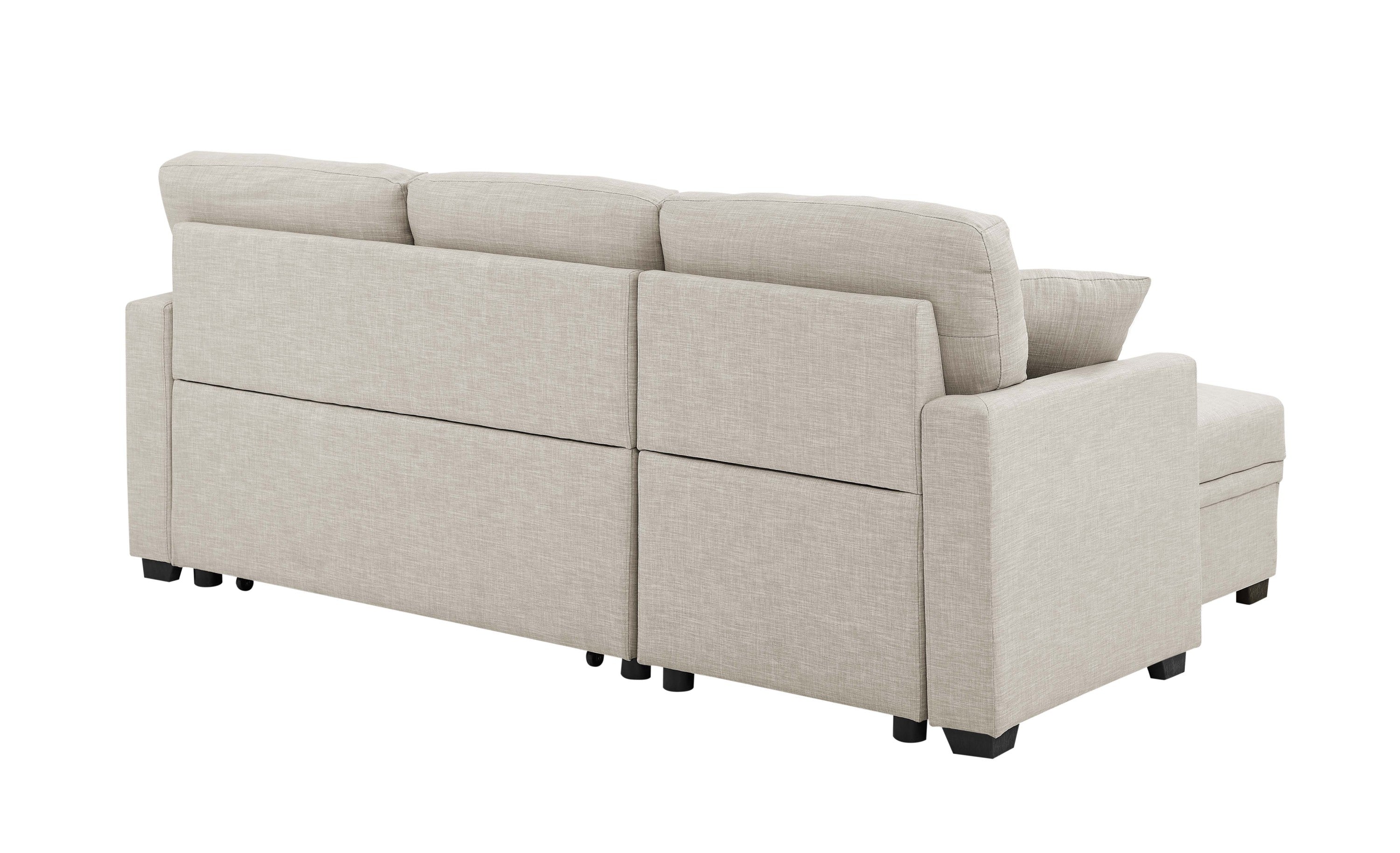 76.5' Linen Blend Upholstered Sectional with Pull-Out Bed and Chaise Storage - Grand Goldman Shop