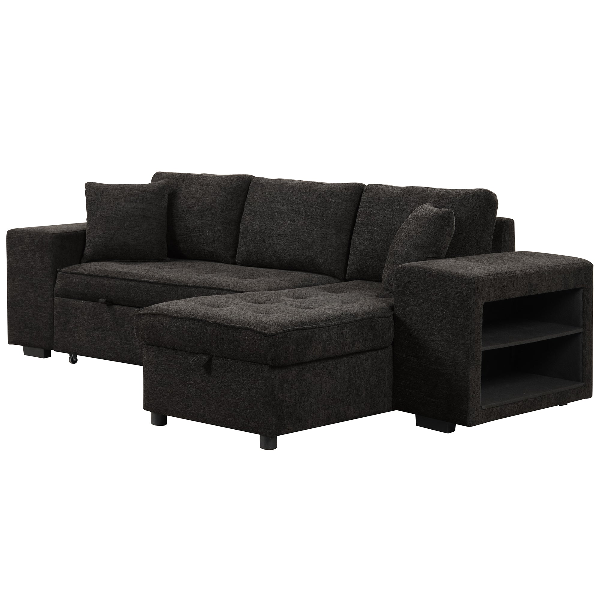 Modern L-Shape 3 Seat Reversible Sectional Couch with Pull Out Sleeper Sofa, Storage Chaise, 2 Stools, Charcoal Grey, Linen Chenille - Grand Goldman Shop
