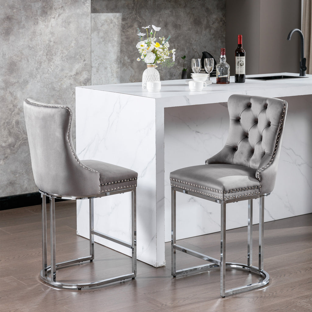 26' Counter Height Bar Stools Set of 2, Modern Velvet Barstools with Button Back&Rivet Trim Upholstered Kitchen Island Chairs with Sturdy Chromed Metal Base Legs Farmhouse Bar Stools, (Gray,2 Pack) - Grand Goldman Shop