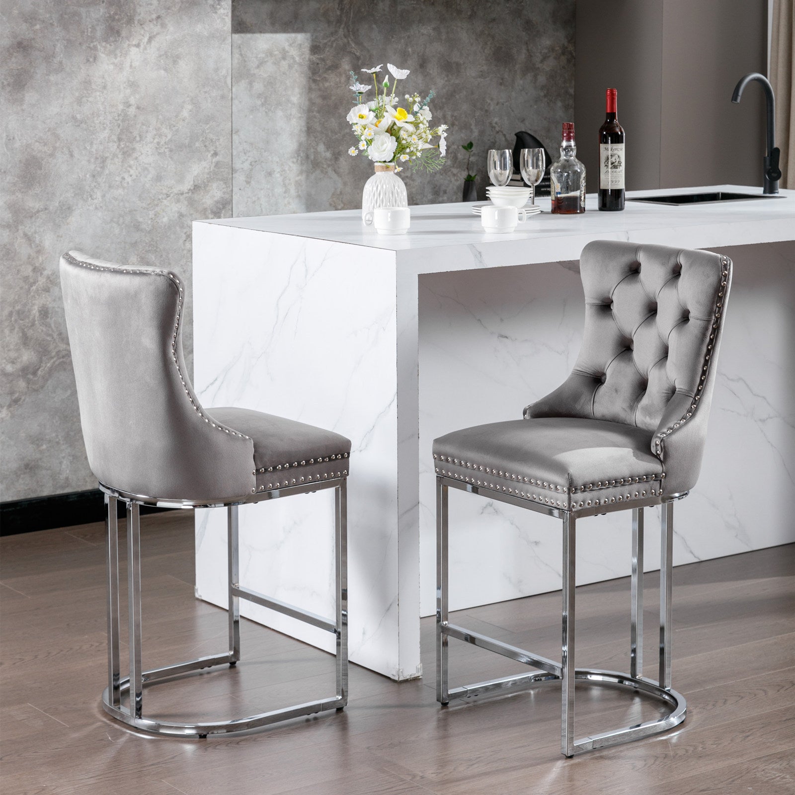 26' Counter Height Bar Stools Set of 2, Modern Velvet Barstools with Button Back&Rivet Trim Upholstered Kitchen Island Chairs with Sturdy Chromed Metal Base Legs Farmhouse Bar Stools, (Gray,2 Pack) - Grand Goldman Shop