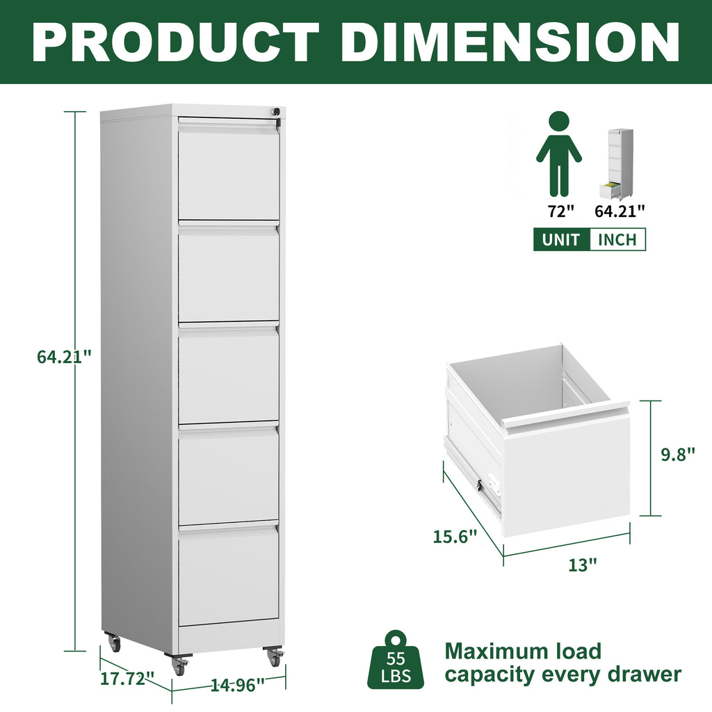 Heavy Duty 5 Drawer Metal Vertical File Cabinet with Lock and Wheels for Home Office, White, 17.72'D x 14.96'W x 64.21'H - Gr