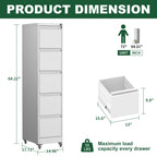 Heavy Duty 5 Drawer Metal Vertical File Cabinet with Lock and Wheels for Home Office, White, 17.72'D x 14.96'W x 64.21'H - Gr