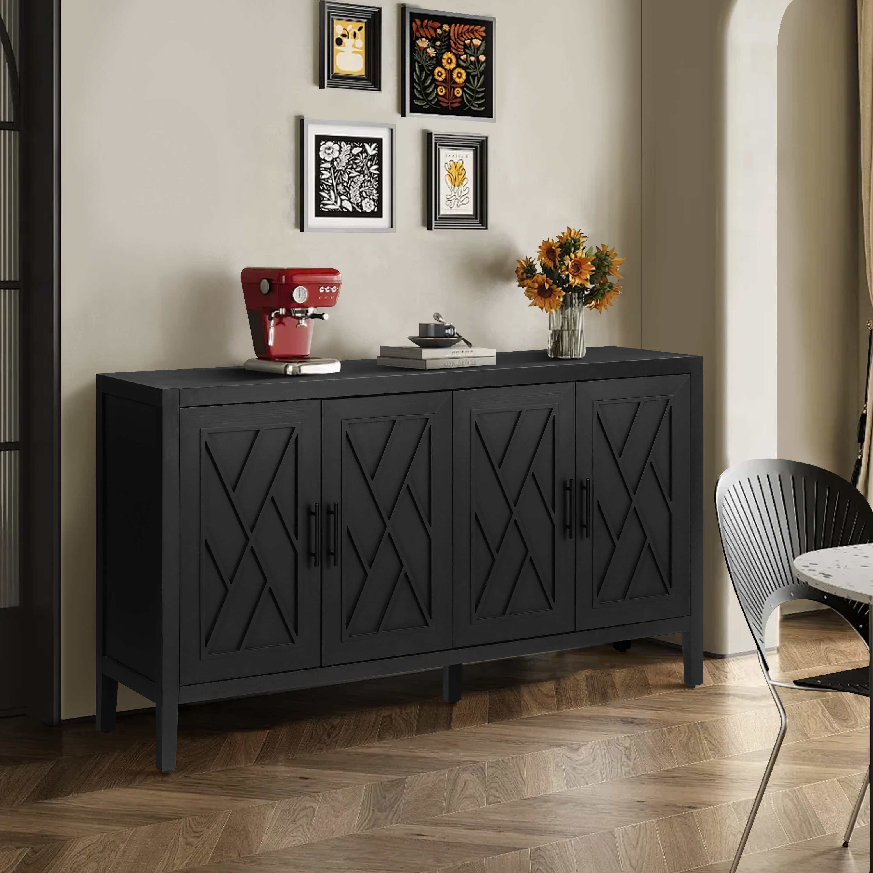 60 inches Modern Farmhouse Accent Cabinet with 4 Doors and Adjustable Shelf Wood Sideboard Buffet Cabinet Console Table Credenza Buffet Table for Kitchen Dining Room Entryway Hallway(Antique Black) - Grand Goldman Shop