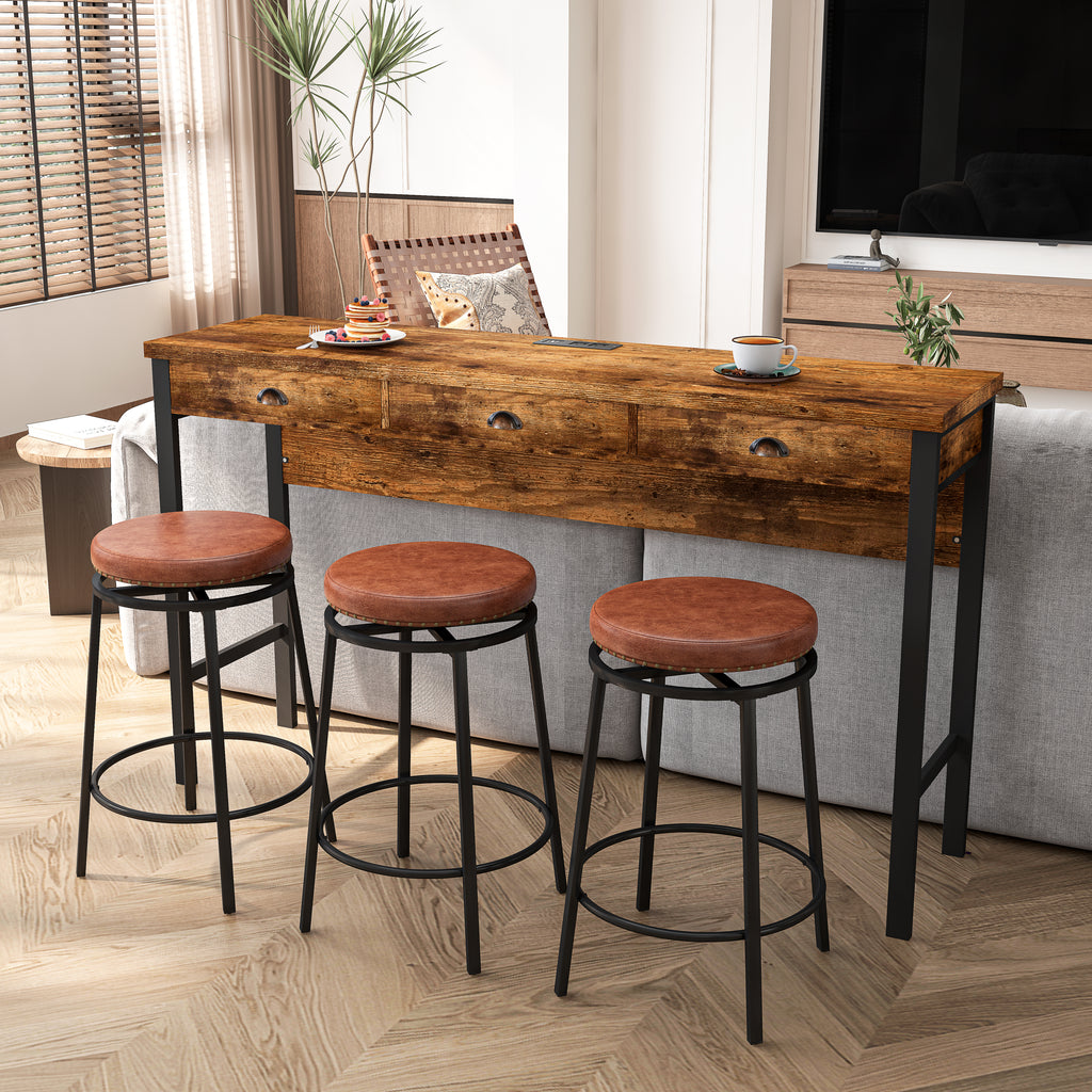 3-Drawer Long Dining Table Set with Power Outlets, Bar Kitchen Table Set with Circular PU Stools, Easy Assemble,Brown - Grand Goldman Shop