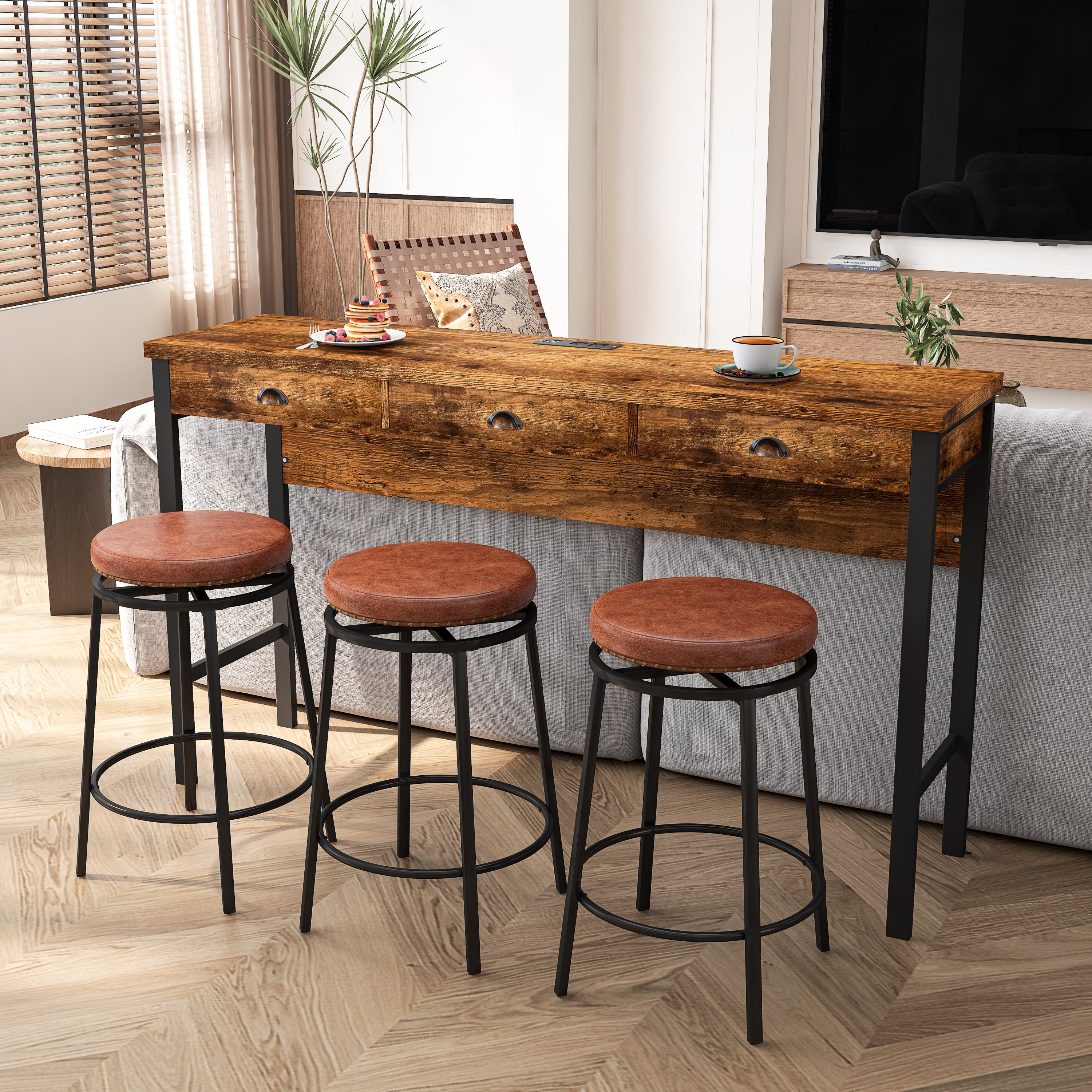 3-Drawer Long Dining Table Set with Power Outlets, Bar Kitchen Table Set with Circular PU Stools, Easy Assemble,Brown - Grand Goldman Shop