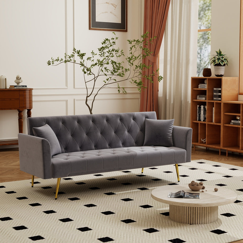 Modern convertible 72 inch foldable sleeper sofa with tufted, American retro style, made of gray velvet material, suitable for small living rooms, bedrooms and offices. gray color - Grand Goldman Shop