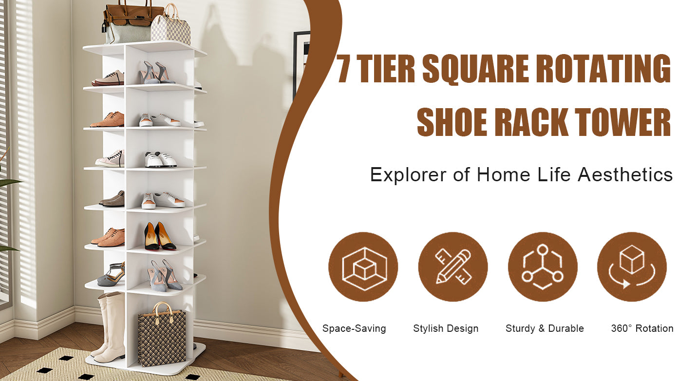 7-Tier Square Rotating Shoe Rack Tower with 360° Spinning Organizer, White - Grand Goldman Shop