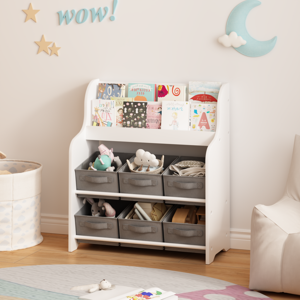 Kids Bookshelf with 6 Fabric Storage Bins, Multi-Functional Children's Bookcase and Toy Organizer, Front-Facing Display Shelf
