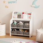 Kids Bookshelf with 6 Fabric Storage Bins, Multi-Functional Children's Bookcase and Toy Organizer, Front-Facing Display Shelf