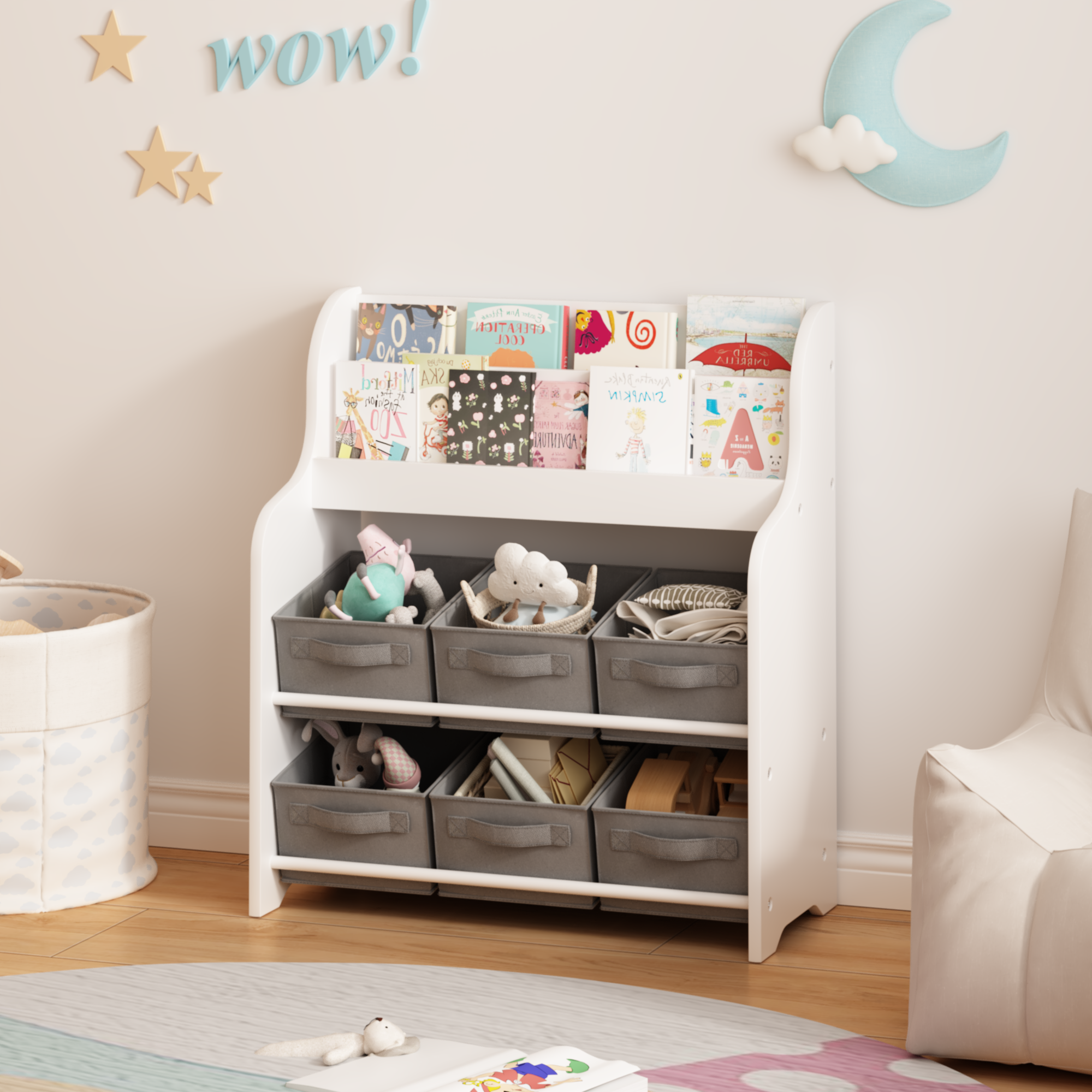 Kids Bookshelf with 6 Fabric Storage Bins, Multi-Functional Children's Bookcase and Toy Organizer, Front-Facing Display Shelf