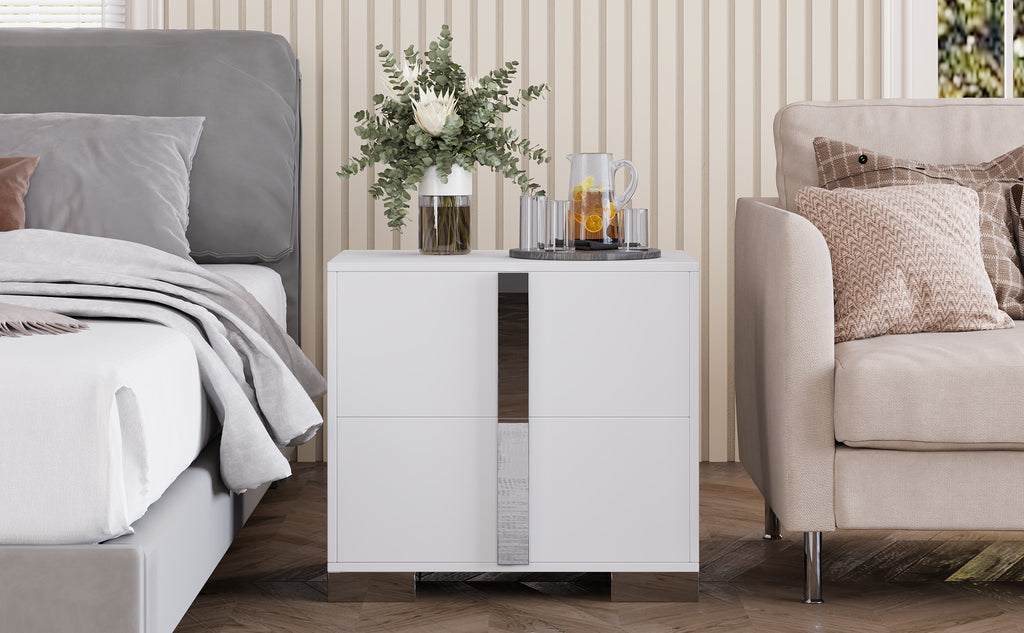 Modern End Table with Drawers, Elegant Nightstand with Metal Foot,Wood Bedside Table with Mirrored Metal Handles,Sofa Side End Table for Bedroom Living Room Office,White - Grand Goldman Shop