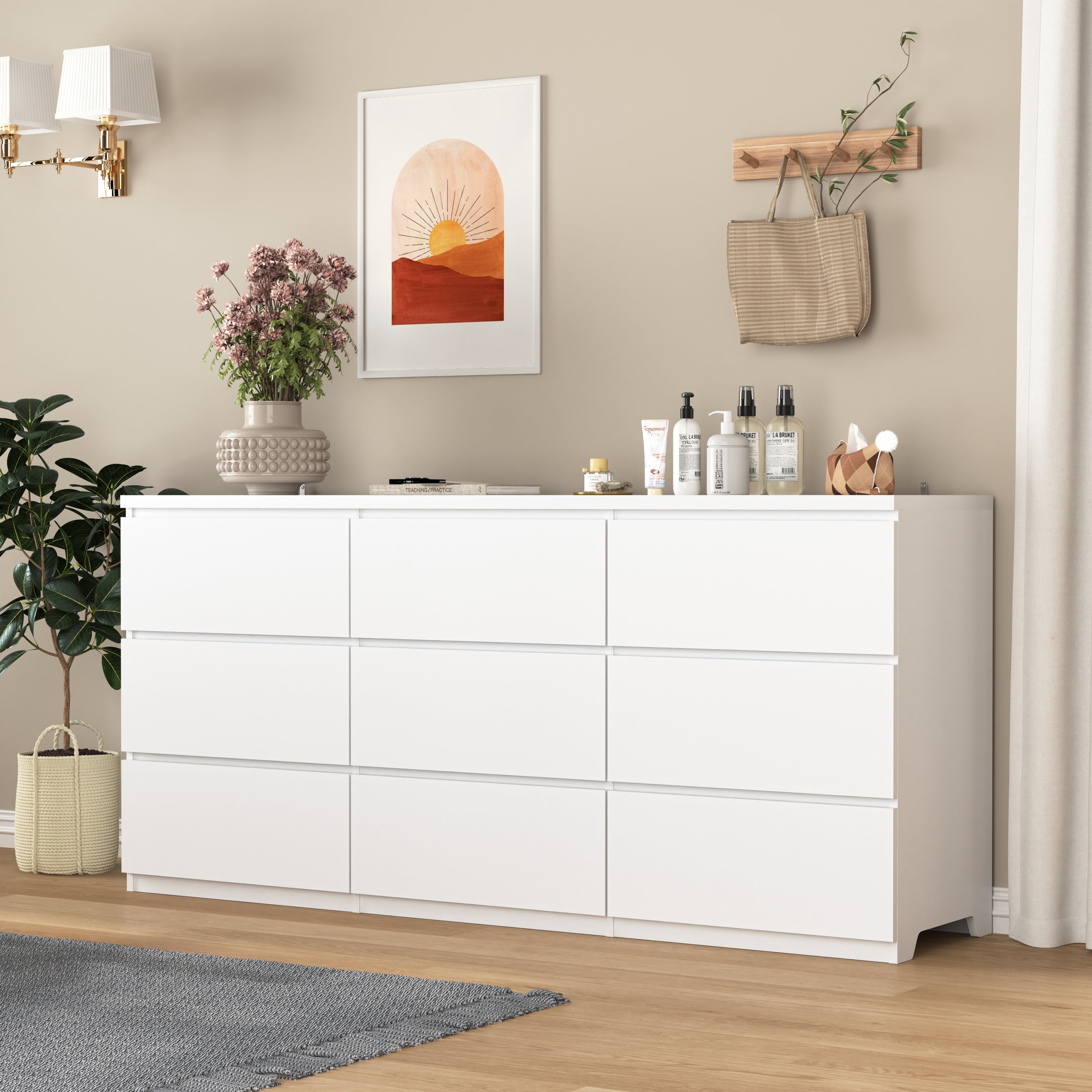 9 Drawer Dresser with No Handle Design, Modern White Matte Wood Dresser for Bedroom, Storage Chest of Drawers for Living Room, Hallway, Entryway - Grand Goldman Shop