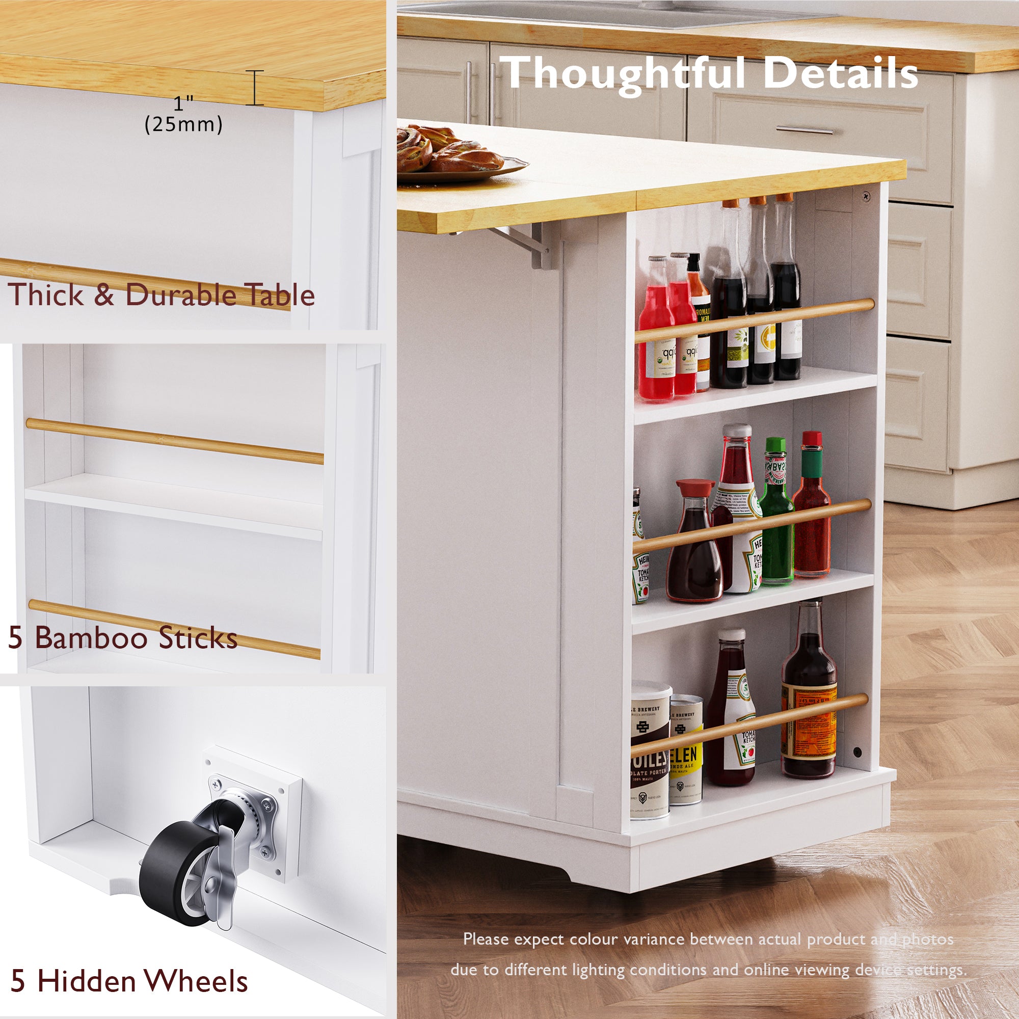 48 inch Kitchen Island with Drop Leaf,Power Outlet,Internal Storage Rack,Rolling Kitchen Storage Cart on 5 Wheels with 5 Open Side Racks for Kitchen,White (Old SKU N707P257057W)(Not Include Stools) - Grand Goldman Shop