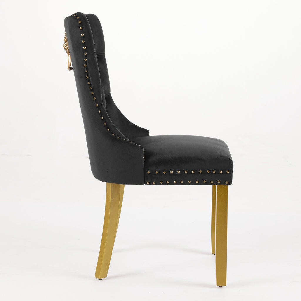 Mid-Century Modern Chairs with Lion Head Pull Ring,High-end Tufted Solid Wood Contemporary Velvet Upholstered Dining Chair with Golden Wooden Legs Nailhead Trim 2-Pcs Set,Black,SW1201BK - Grand Goldman Shop