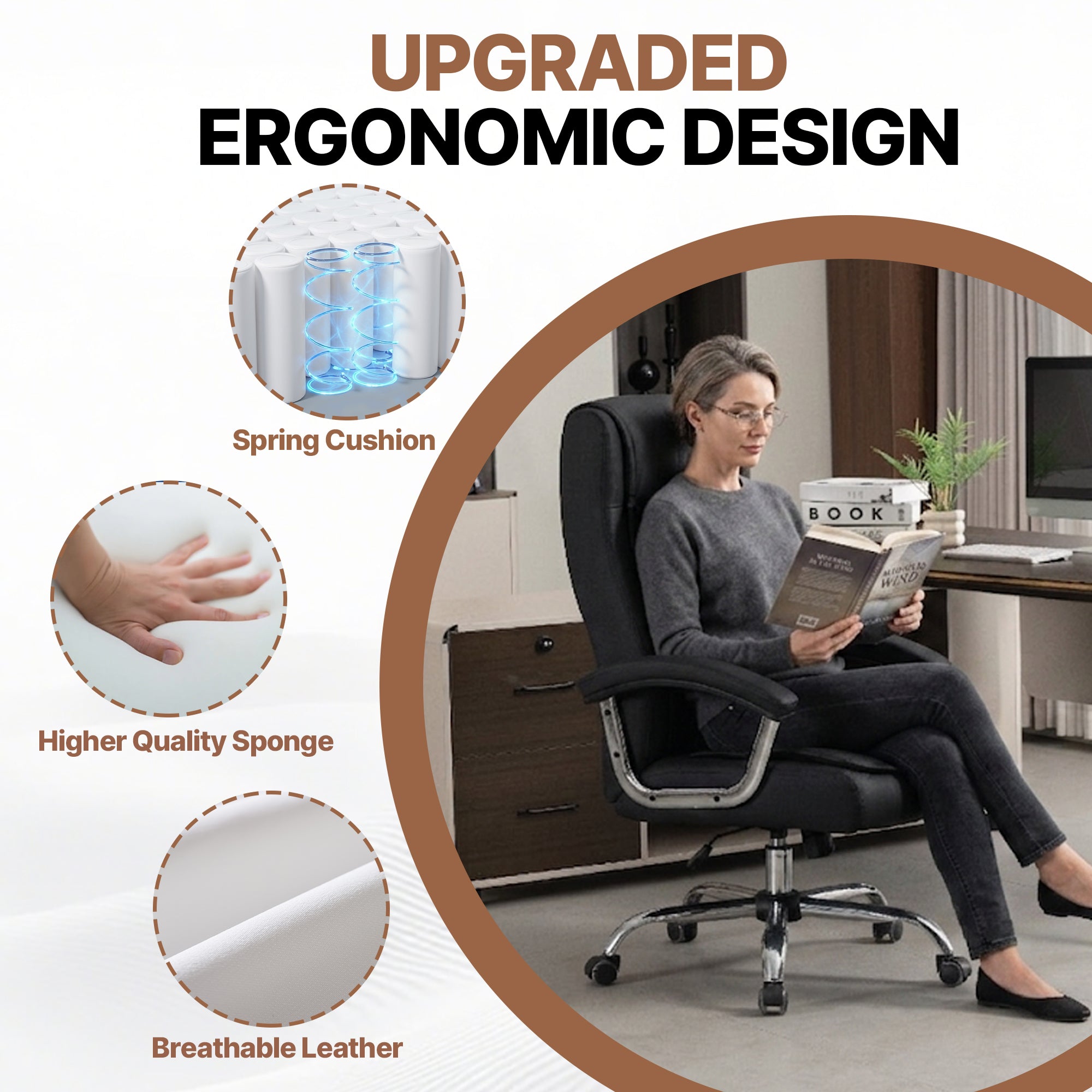 Executive Office Chair High Back PU Leather Desk Chair with Spring Seat Cushion, Ergonomic Swivel Computer Chair with Chrome 