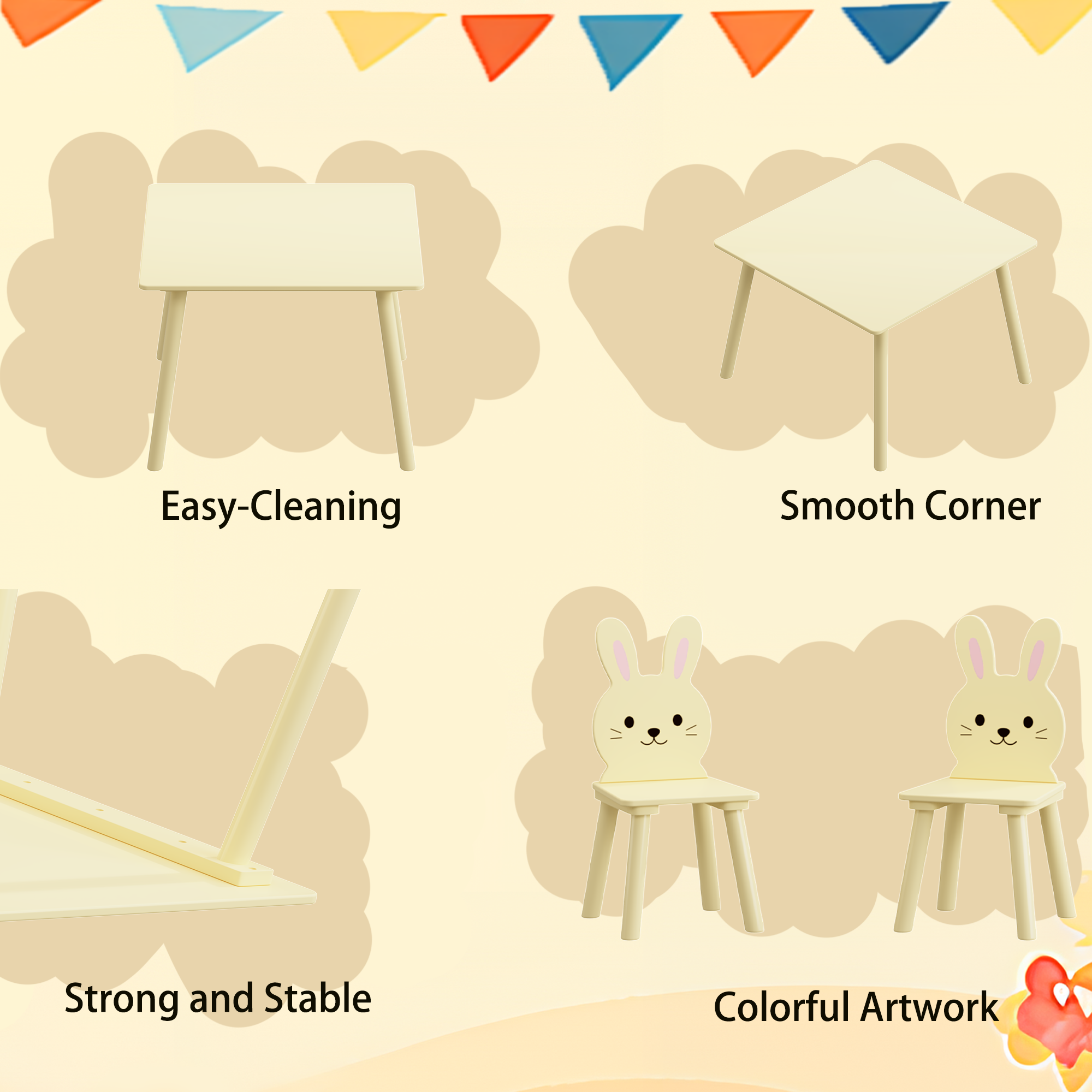 Kids Table and Chair Set with 2 Bunny Chairs, Children's Wooden Activity Table for Toddlers, Cute Animal Design Study Play Se