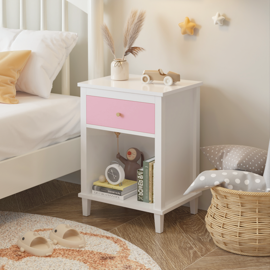 Pink+Golden Handle Wooden Nightstand 26.77''H with One Drawer One Shelf for Kids and Adults - Grand Goldman Shop