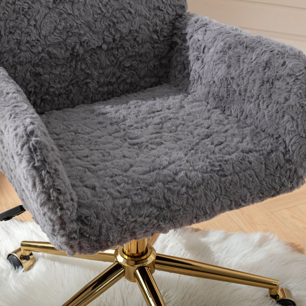 A&A Furniture Gray Adjustable Desk Chair with Artificial Rabbit Hair and Golden Metal Base - Shop Quality Furniture at Grand 