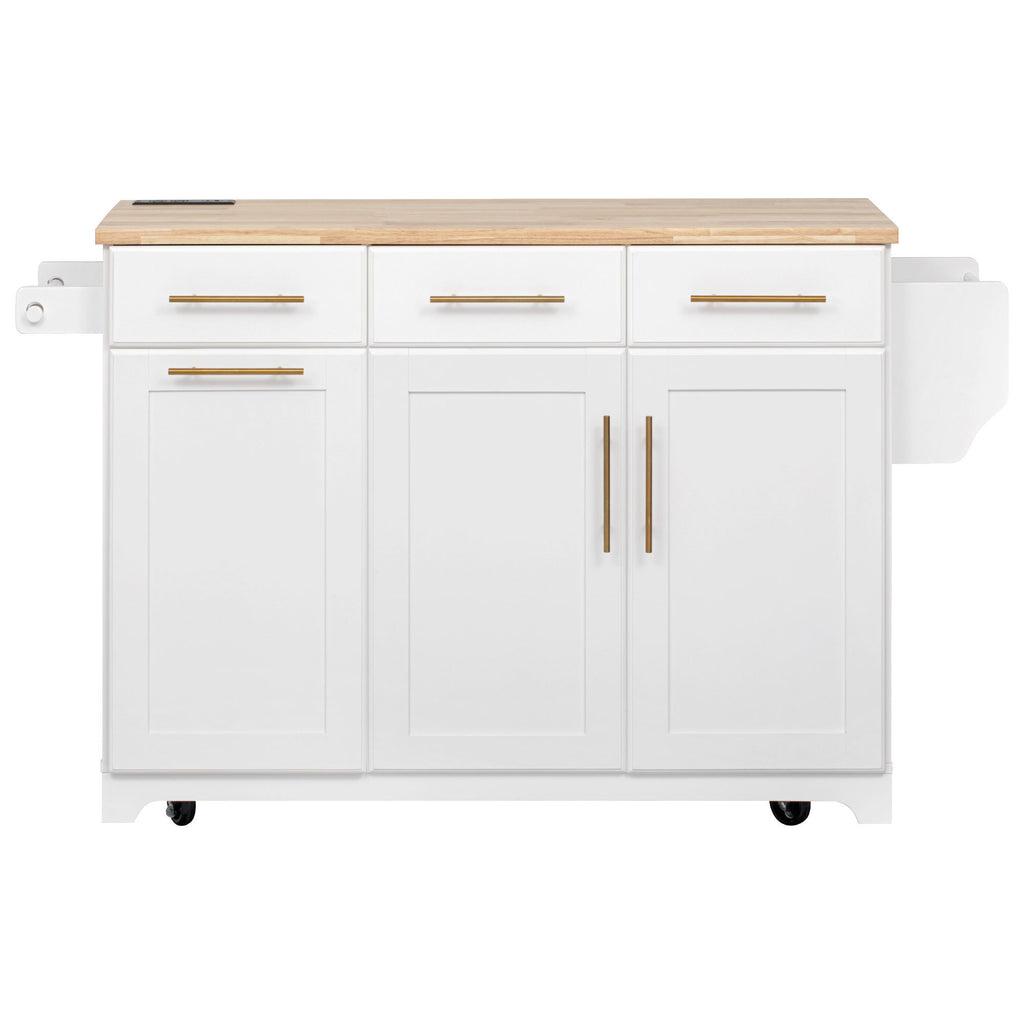 K&K 59.3' Kitchen Island with Storage 2 Pull Out Cabinet Organizers & Rubber Wood Drop Leaf, Rolling Kitchen Island with Trash Can Storage, Power Outlet, Spice & Towel Rack for Kitchen, Dining, White - Grand Goldman Shop