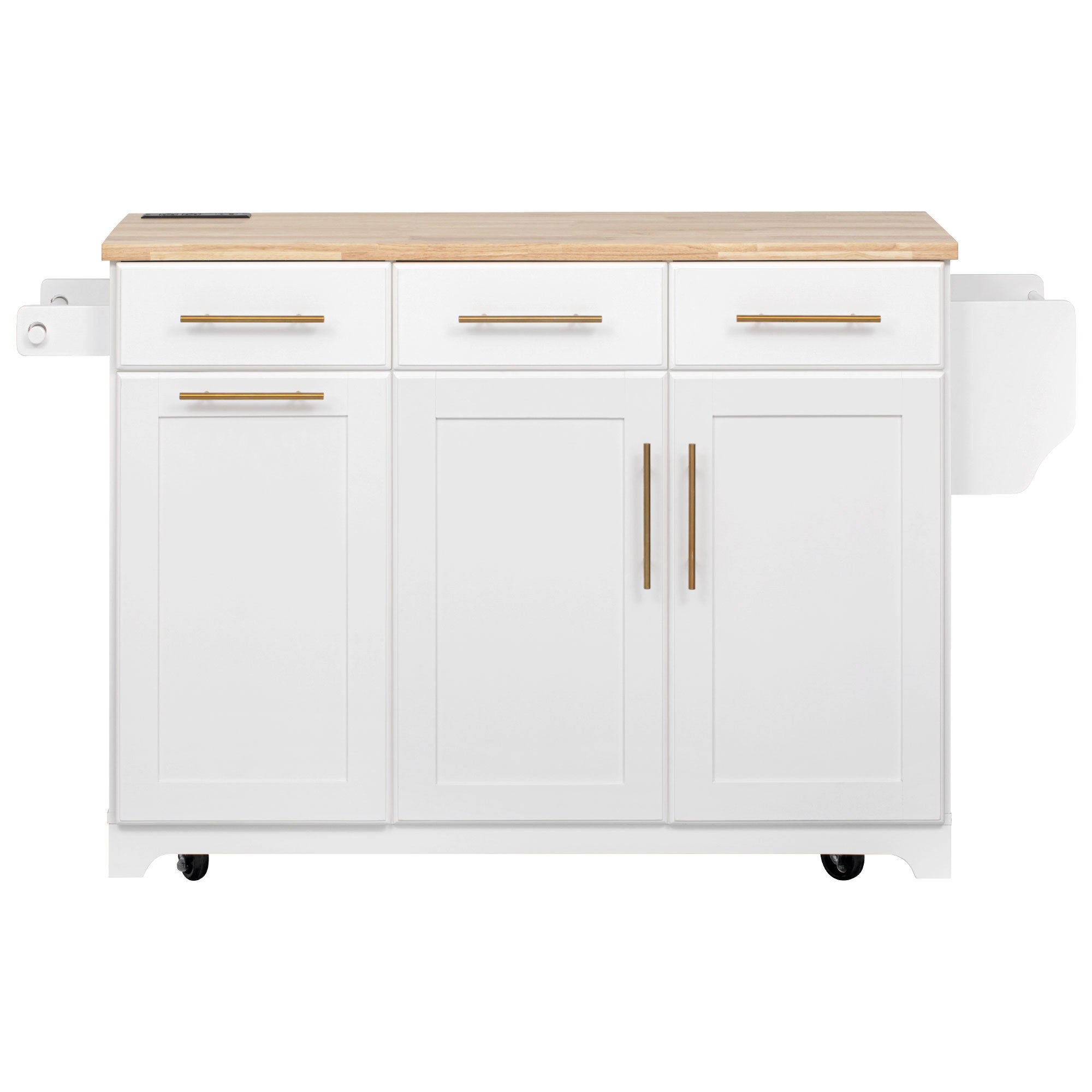 K&K 59.3' Kitchen Island with Storage 2 Pull Out Cabinet Organizers & Rubber Wood Drop Leaf, Rolling Kitchen Island with Trash Can Storage, Power Outlet, Spice & Towel Rack for Kitchen, Dining, White - Grand Goldman Shop