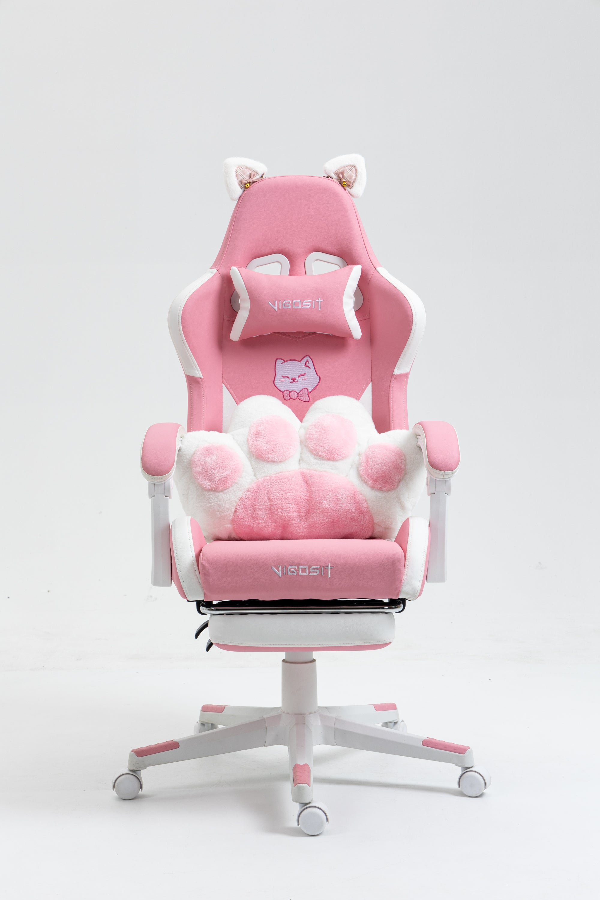 Cat Ears Pink Gaming Chair - Pink PU Leather Ergonomic Reclining Office Chair with Footrest, 310lb Capacity, 6-Position Recli