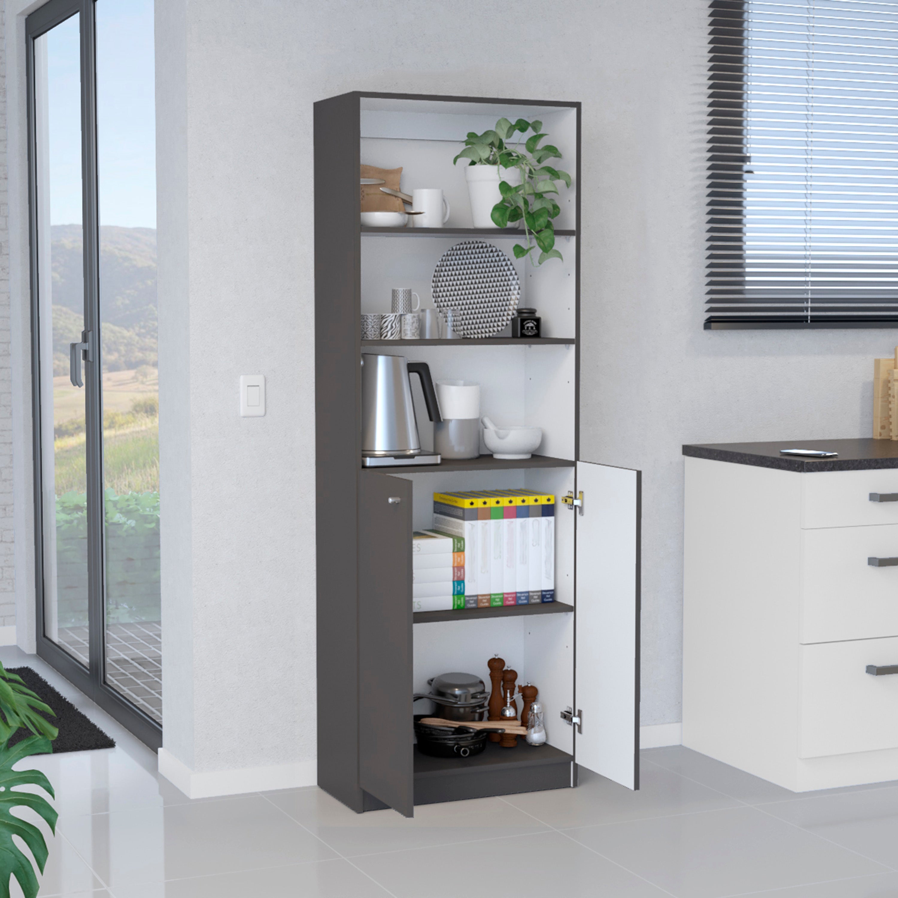 2-Door Bookcase with Upper Shelves, Matt Gray / White | Premium Home Decor - Grand Goldman