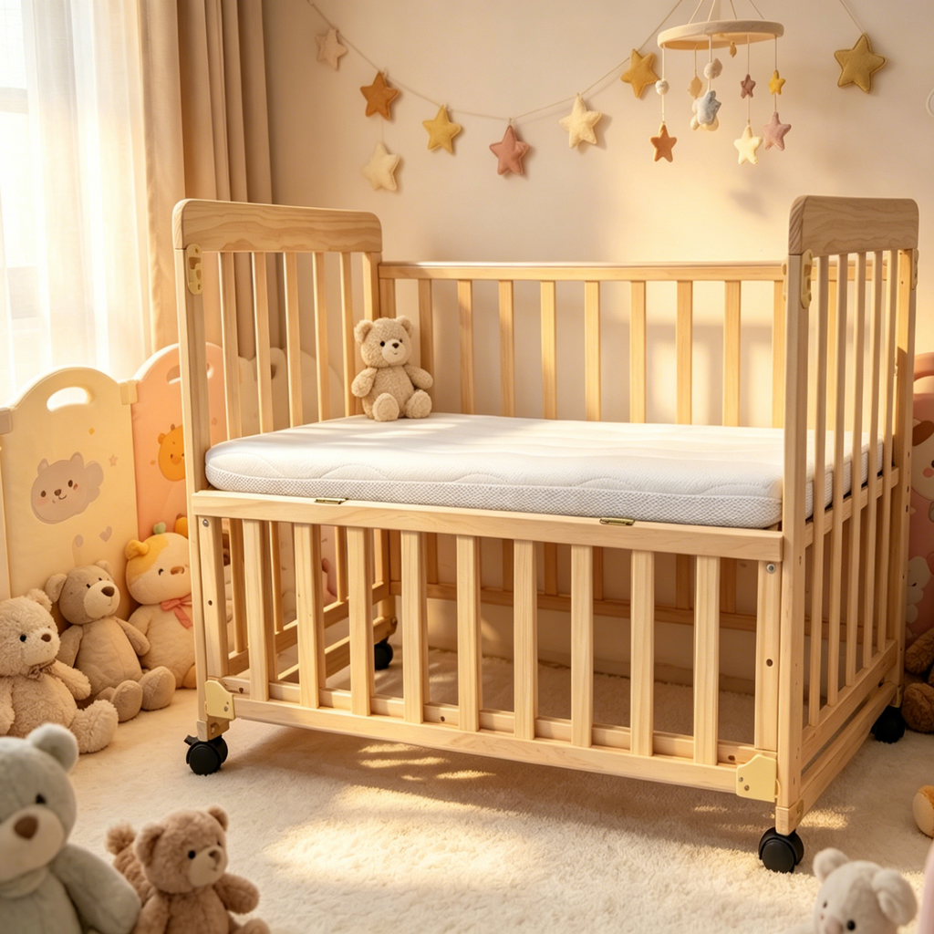 Portable Pine Wood Bedside Bassinet with 3 Adjustable Heights, Natural Wood Mini Crib for Newborns 0-36 Months, Compact Desig