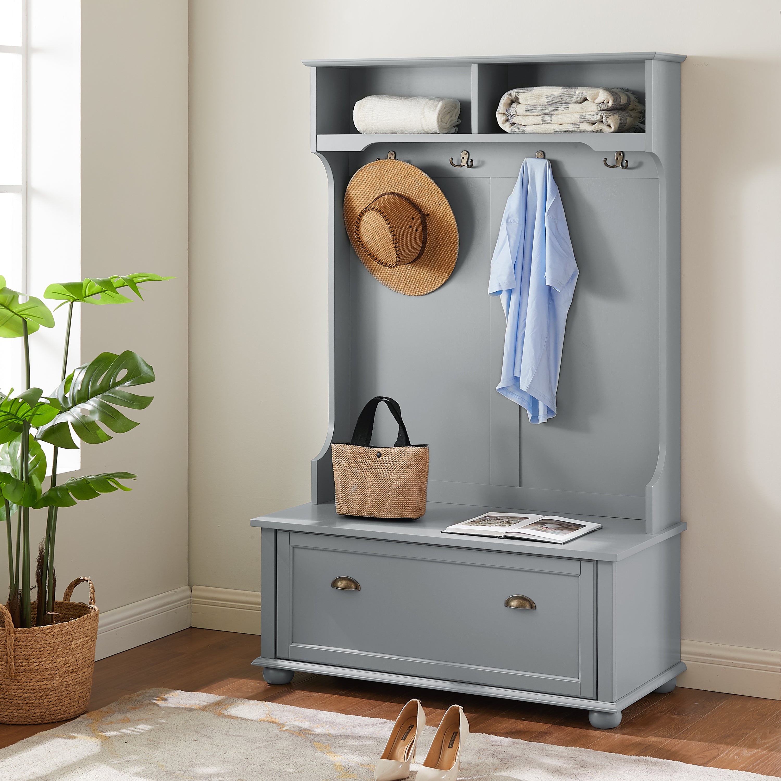 Modern Classic Hall Tree with Shoe Rack Bench and Coat Hooks for Hanging Storage, Entryway Bench with Open Shelves and Shoe Cabinets 40.16'W*18.58'D*64.17'H GRAY - Grand Goldman Shop