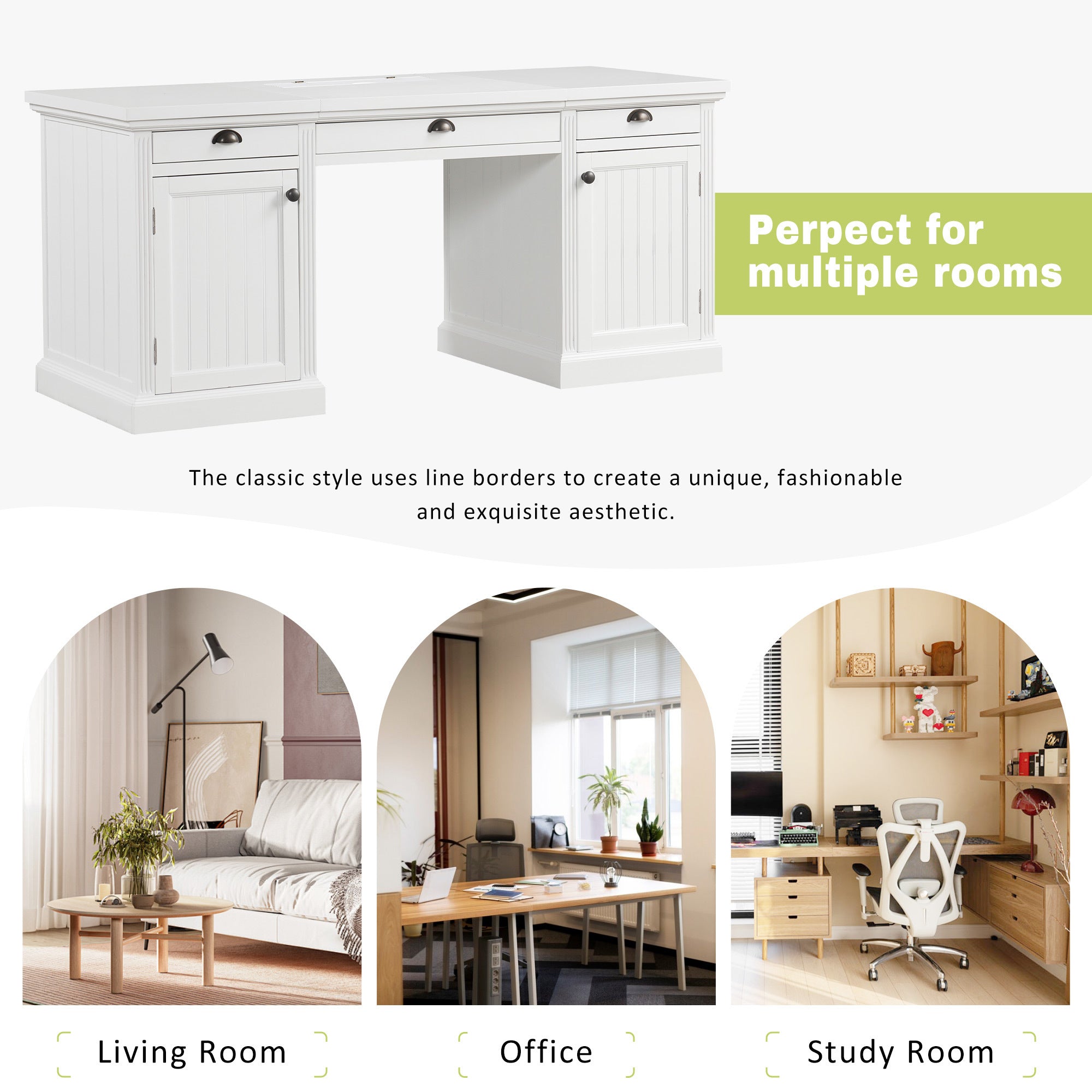 67' Modern Executive Desk,Computer Desk with 2 Wooden Doors Storage Cabinet and 3 Drawers, Rectangle Home Office Desk  ,Readi