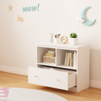 White Wooden Kids Toy Storage Organizer with Large Drawer and Low Bookshelf for Nursery & Playroom, Engineered Wood Cabinet f