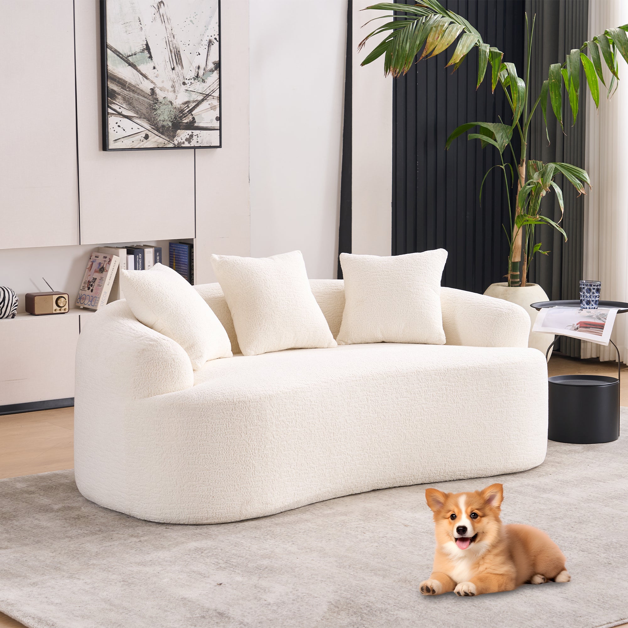 LY-025S Loveseat Sofa with Wood Grain Chenille Fabric, Cloud White High-Density Sponge Couch, Compact Design for Small Spaces - Grand Goldman Shop