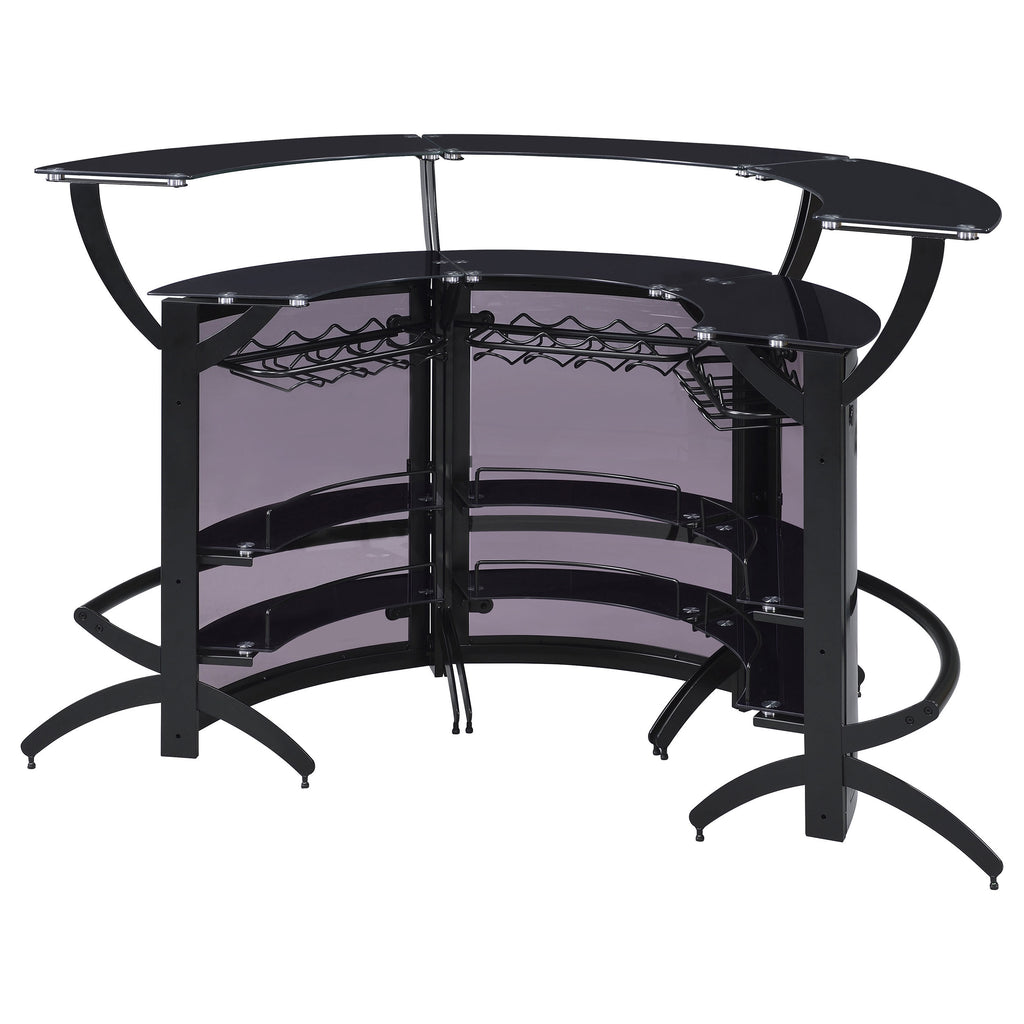 Elaina Black 3-Piece Curved Freestanding Home Bar with Smoked Acrylic Panels and Silver Metal Frame, Black Finish, Glass and Metal Construction - Grand Goldman Shop