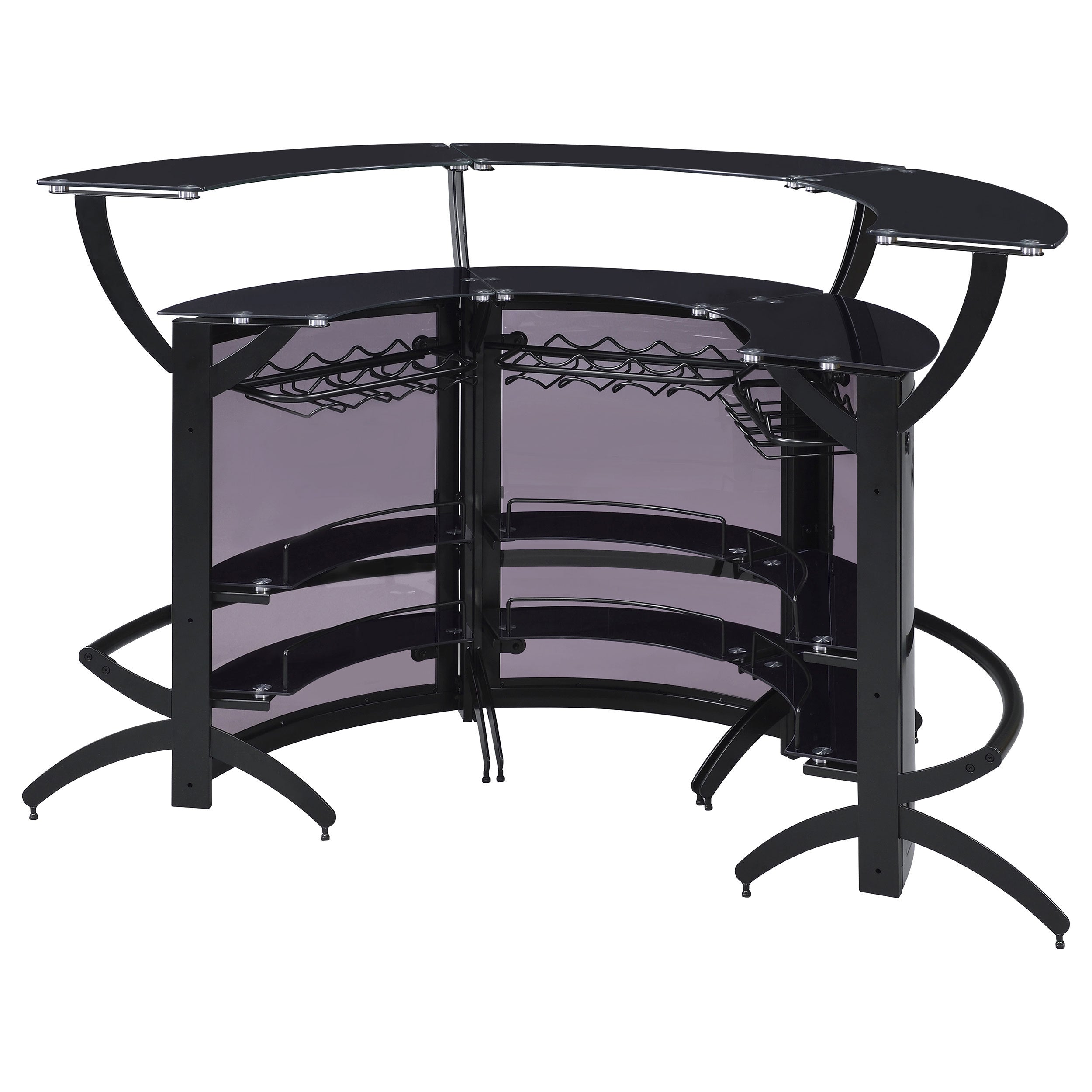 Elaina Black 3-Piece Curved Freestanding Home Bar with Smoked Acrylic Panels and Silver Metal Frame, Black Finish, Glass and Metal Construction - Grand Goldman Shop