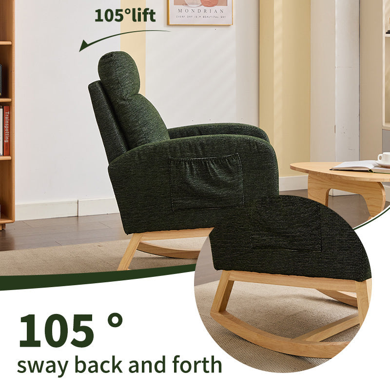 Modern Accent Rocking Chair Rocking Chair with Solid Wood Legs, Upholstered Nursery Glider Rocker, Comfy Armchair with Side Pocket, Living Room Lounge Arm Chair with High Backrest fabric - Grand Goldman Shop
