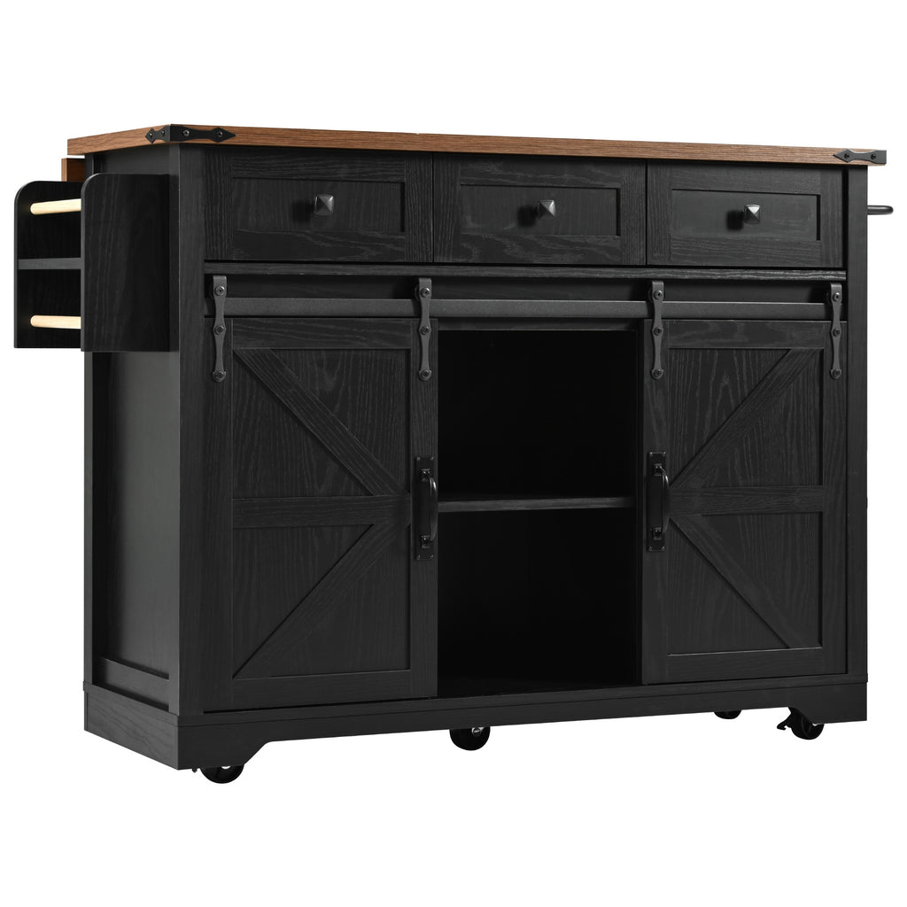 K&K 53.7' Farmhouse Kitchen Island with Power Outlet, 2 Sliding Barn Door Kitchen Storage Island with Drop Leaf, Spice Rack Rolling Kitchen Cart on Wheels, for Home, Kitchen and Dining Room, Black - Grand Goldman Shop