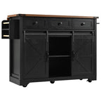K&K 53.7' Farmhouse Kitchen Island with Power Outlet, 2 Sliding Barn Door Kitchen Storage Island with Drop Leaf, Spice Rack Rolling Kitchen Cart on Wheels, for Home, Kitchen and Dining Room, Black - Grand Goldman Shop