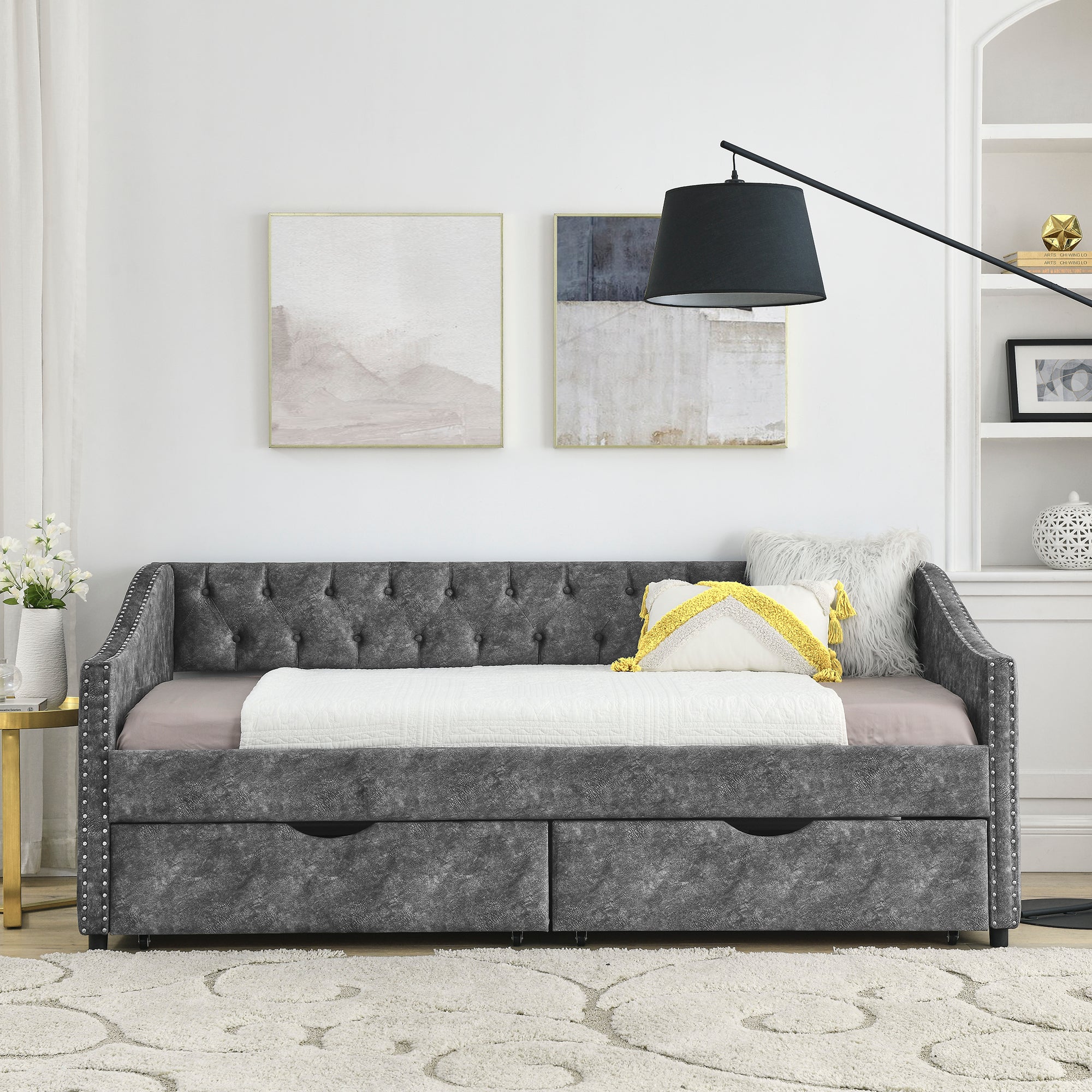 Grey Upholstered Tufted Twin Size Daybed with Drawers and Copper Nailhead Trim, Eucalyptus Wood Frame, 81.5''x4''x30.5'' - Grand Goldman Shop