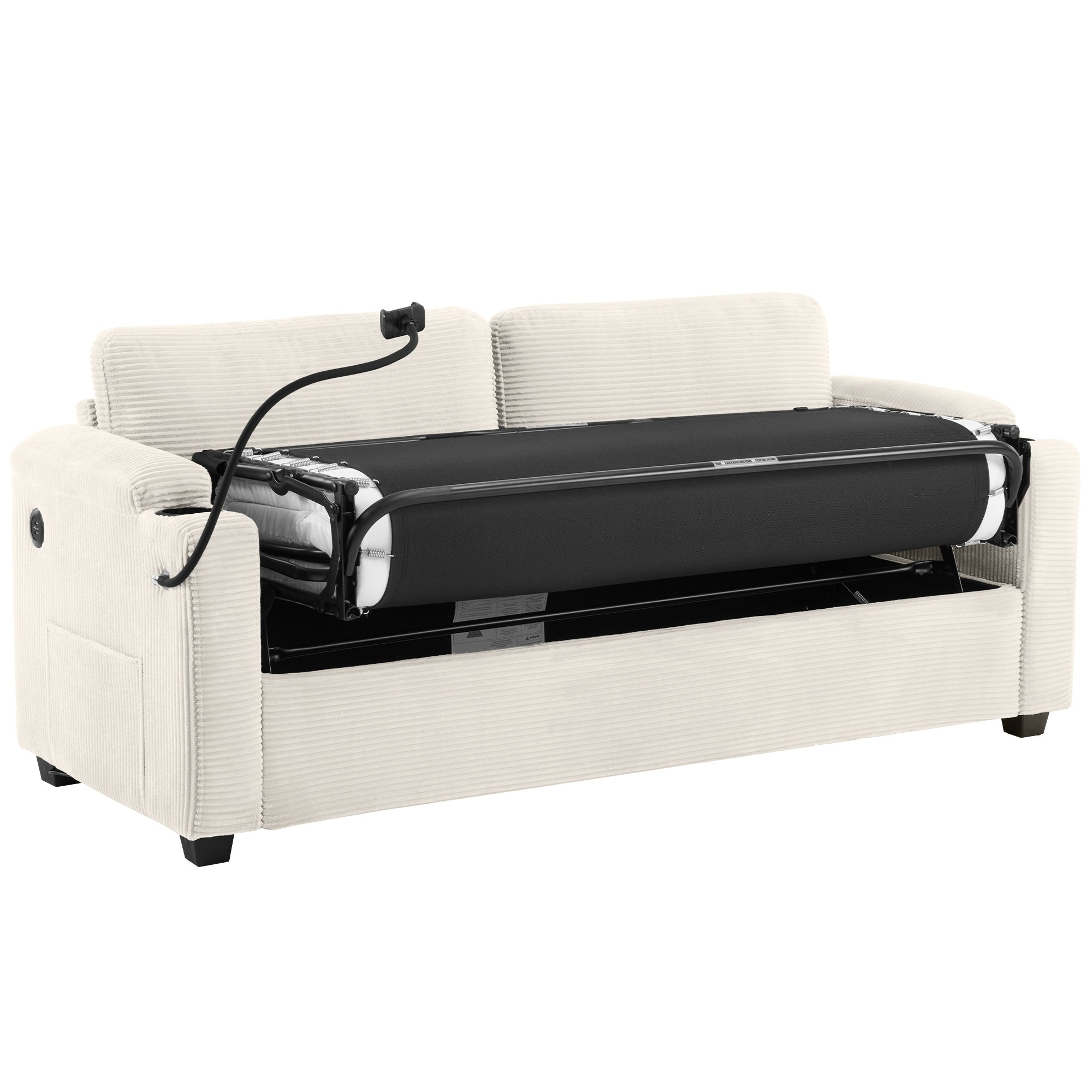 Beige Corduroy Sleeper Sofa Loveseat with Full Size Mattress, USB Ports, Cup Holders, Side Pockets, Phone Holder - Grand Goldman Shop