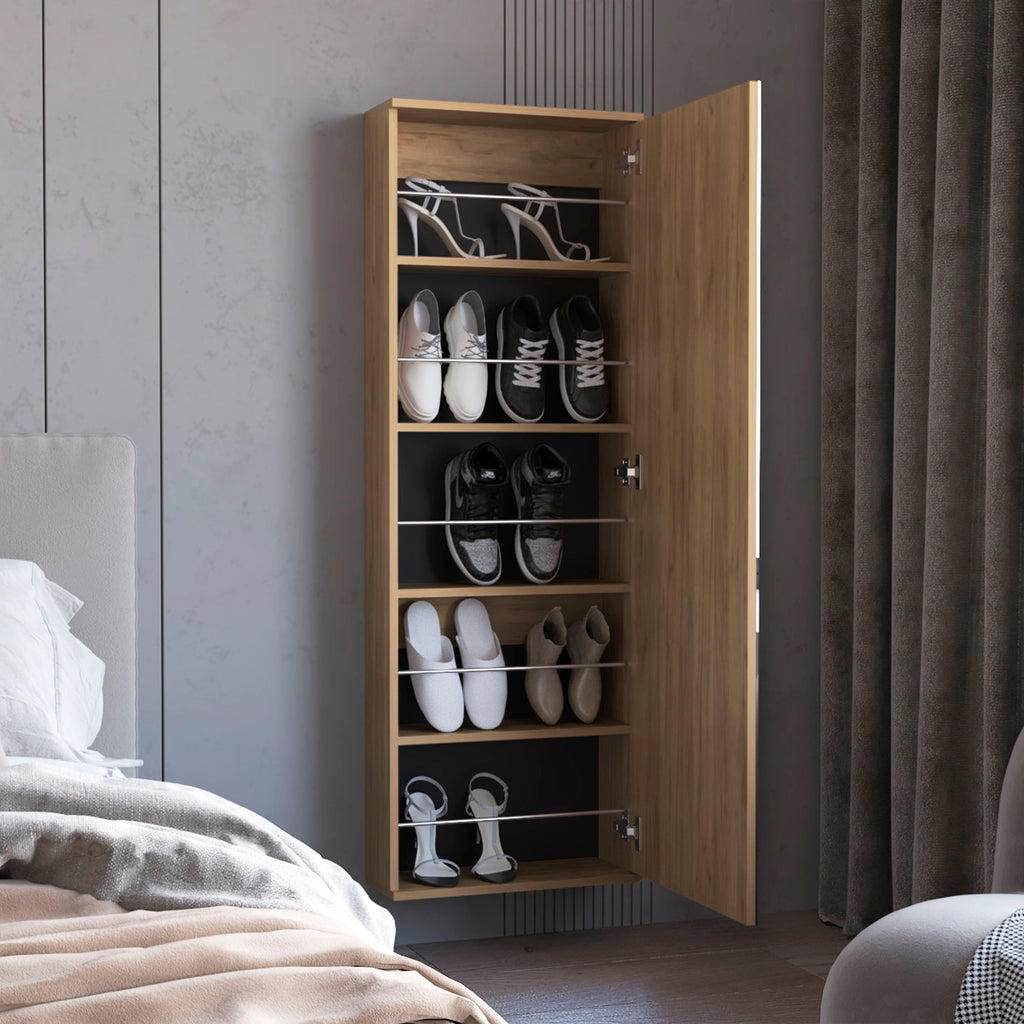 FM FURNITURE Queen Creek Shoe Rack with Mirror and One Door, Natural Oak - Grand Goldman Shop