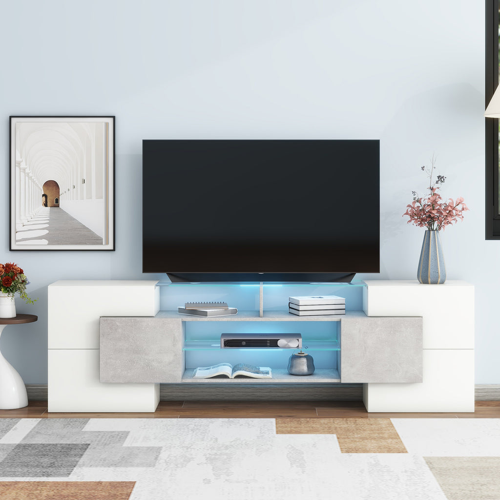 ON-TREND Unique Shape TV Stand with 2 Illuminated Glass Shelves, High Gloss Entertainment Center for TVs Up to 88', Versatile TV Cabinet with LED Color Changing Lights for Living Room, Grey - Grand Goldman Shop