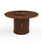 55-inch round dining table for six, featuring a double-tiered storage rack and a rotating tabletop tray. Wooden wavy-striped sliding doors. Ideal for home dining room living room (Walnut). - Grand Goldman Shop
