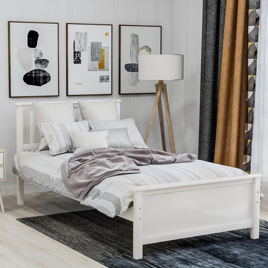 Twin Size Wood Platform Bed with Headboard, Footboard, Wood Slat Support, White Finish - Grand Goldman Shop