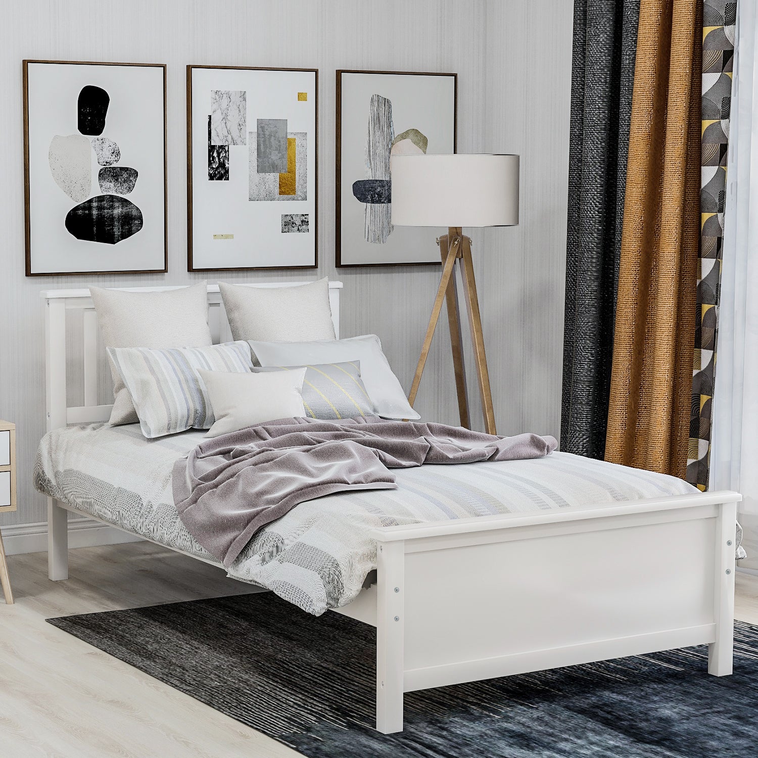 Twin Size Wood Platform Bed with Headboard, Footboard, Wood Slat Support, White Finish - Grand Goldman Shop