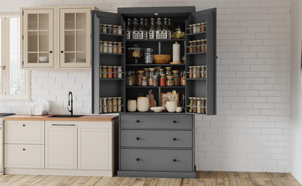 [Assembly Video Provided]TOPMAX 77inch Farmhouse Kitchen Pantry, Freestanding Tall Cupboard Storage Cabinet with 3 Adjustable Shelves, 8 Door Shelves, 3 Drawers for Kitchen, Dining Room, Gray - Grand Goldman Shop