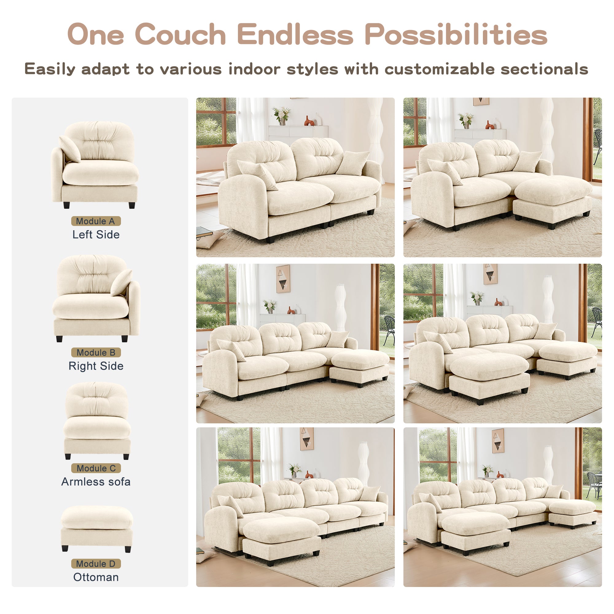 Loveseat Cloud Sectional Couches  Chenille Fabric, Quilted Pleated Design, Ergonomic Design, High-Density Foam Easy Install Elegant Armrests High Quality Wooden Base,Fits Living Rooms,Beige - Grand Goldman Shop