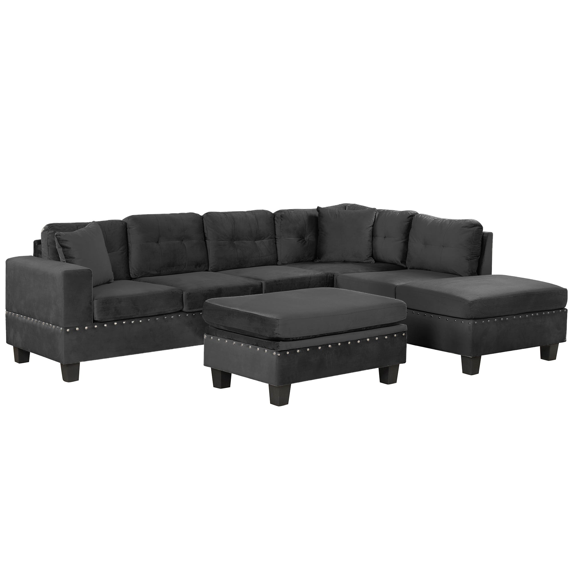 Modern Sectional Sofa with Storage Ottoman, L-Shape Couch with 2 Pillows and Cup Holders, Black Velvet, 105' - Grand Goldman Shop