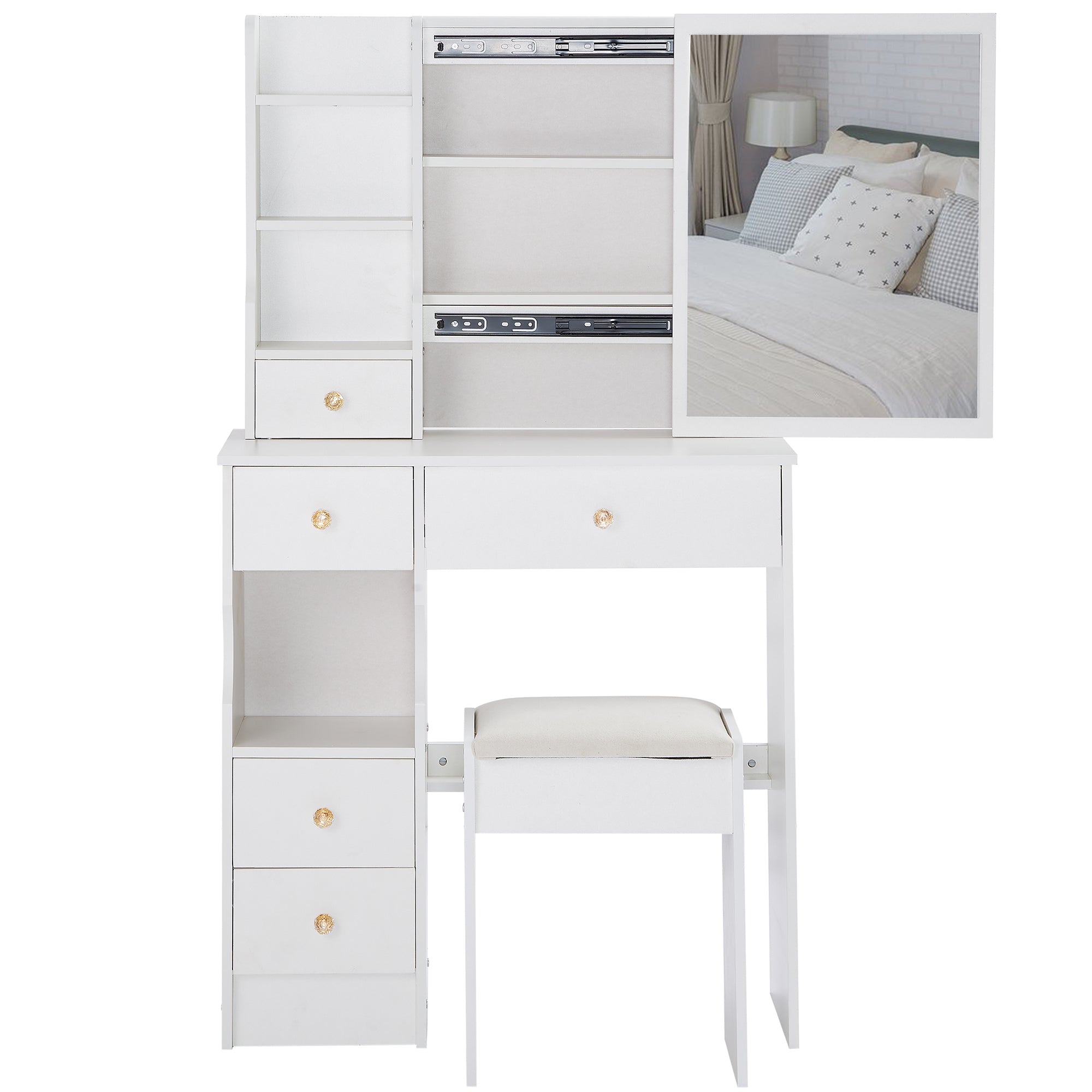 29.2' Small Space Left Drawer Desktop Vanity Table + Cushioned Stool, Extra Large Right sliding mirror, Multi Layer High Capacity Storage, Practical Fashionable Dresser, EPA, GCC, UL Certificate - Grand Goldman Shop