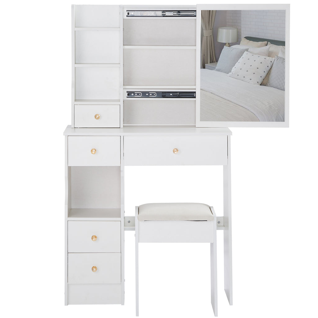 29.2' Small Space Left Drawer Desktop Vanity Table + Cushioned Stool, Extra Large Right sliding mirror, Multi Layer High Capacity Storage, Practical Fashionable Dresser, Suitable For Small Space - Grand Goldman Shop