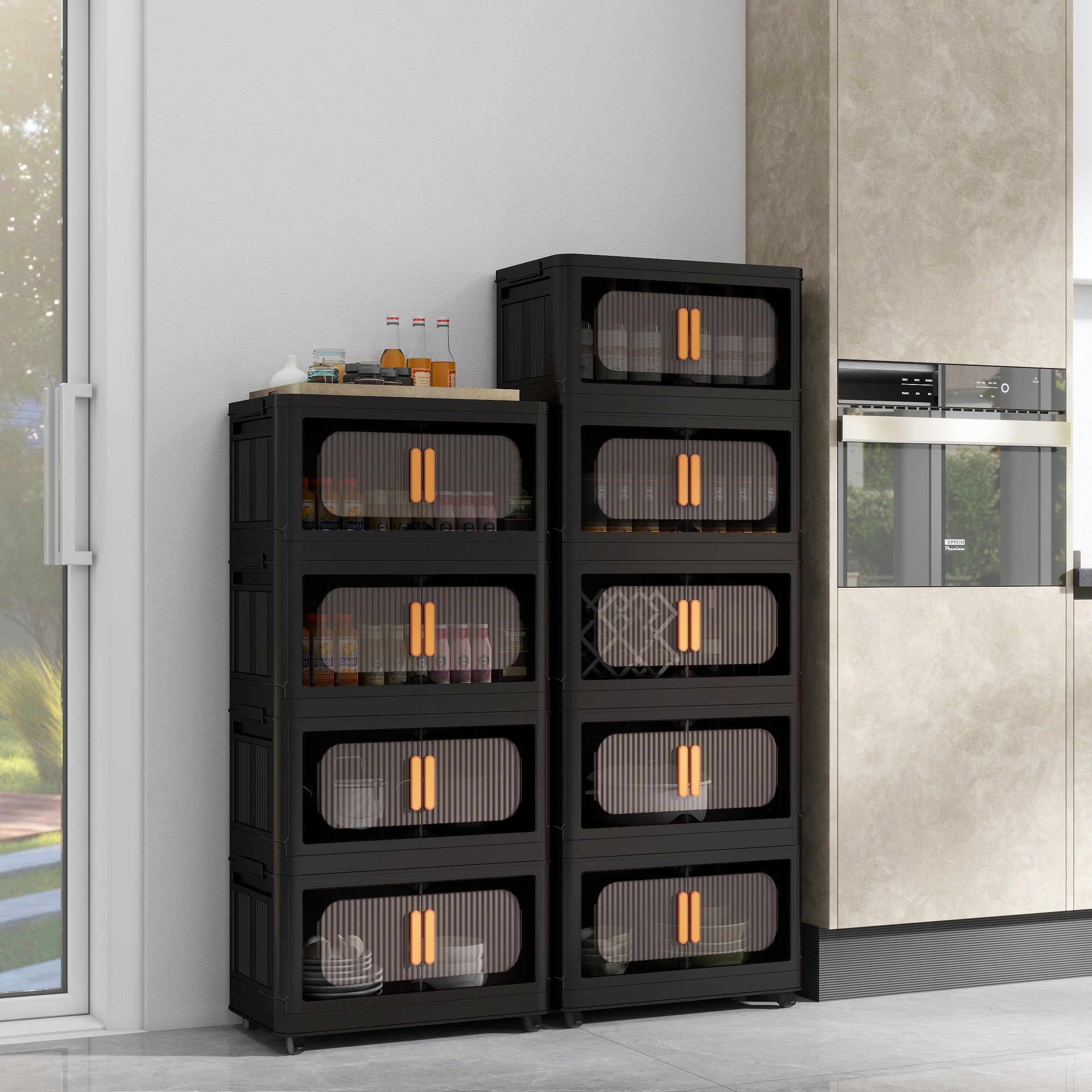 Folding Storage Cabinet 5-Tier 24-Inch Wide Black Plastic with Magnetic Doors and Wheels - Grand Goldman Shop