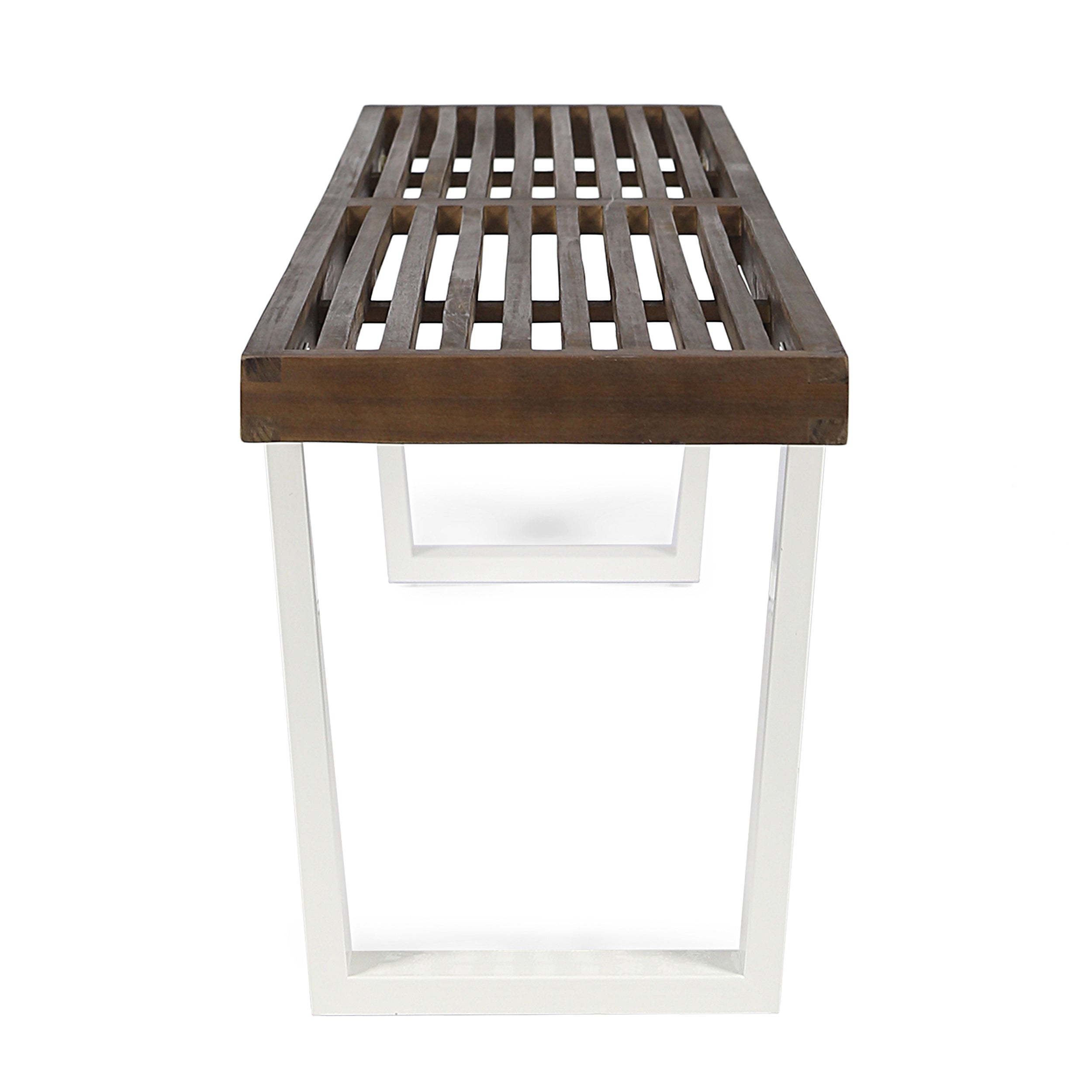 Intrinsic Outdoor Dining Bench with Iron Legs and Slat Top, Dark Brown and White - Grand Goldman Shop